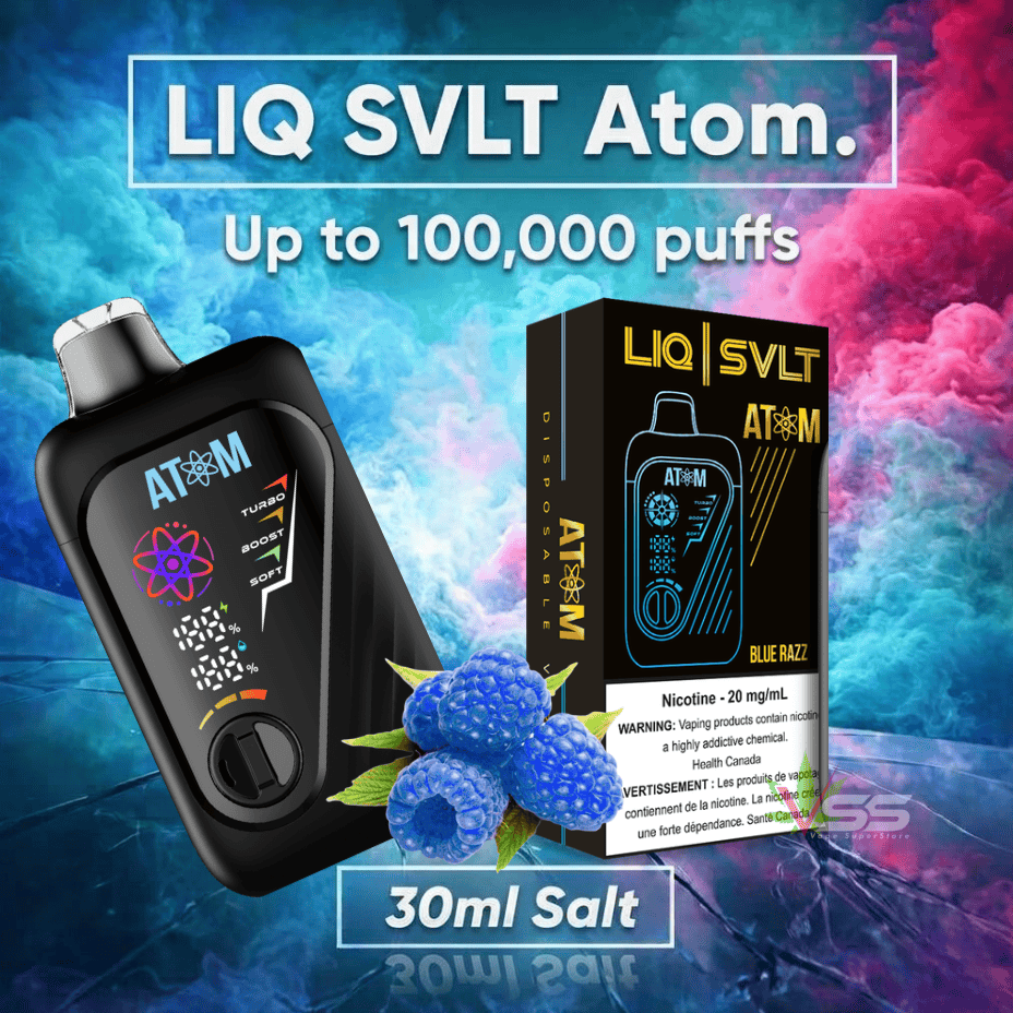 Buy LIQ SVLT Atom 100K Disposable Vape-Blue Razz in Steinbach, Manitoba for a big puff disposable vape.