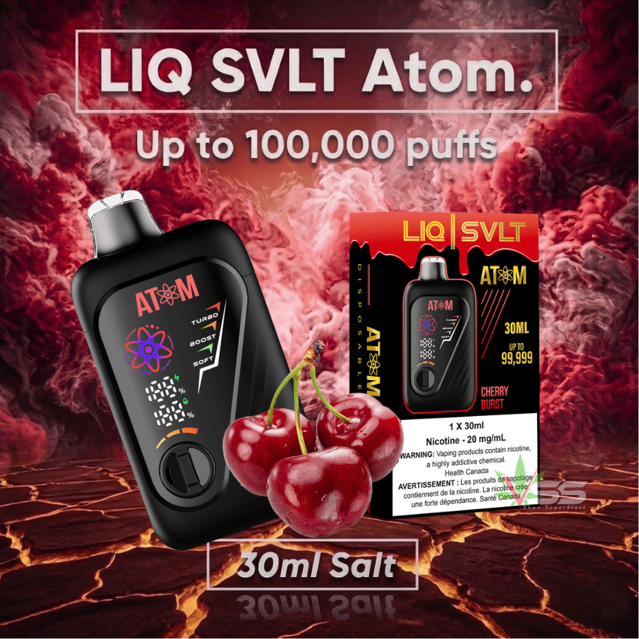 Buy LIQ SVLT Atom 100K Disposable Vape-Cherry Burst in Steinbach, Manitoba for a big puff disposable vape.
