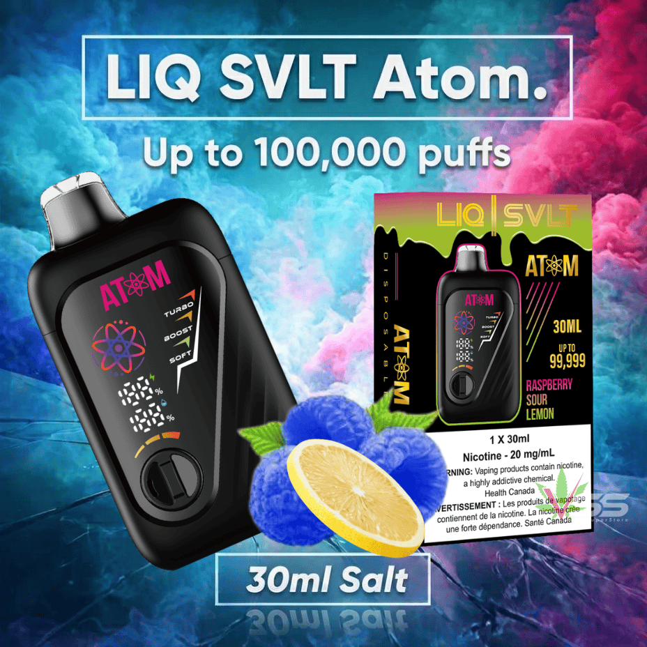 Buy LIQ SVLT Atom 100K Disposable Vape-Raspberry Sour Lemon in Steinbach, Manitoba for a big puff disposable vape. 