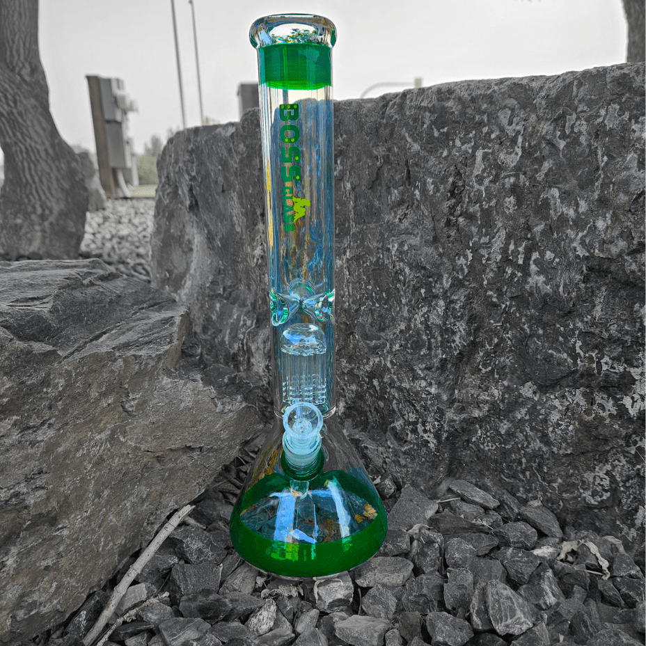 Boss Glass 7mm Color Block Logo Beaker W/Showerhead perc-16" Green Steinbach Vape SuperStore and Bong Shop Manitoba Canada