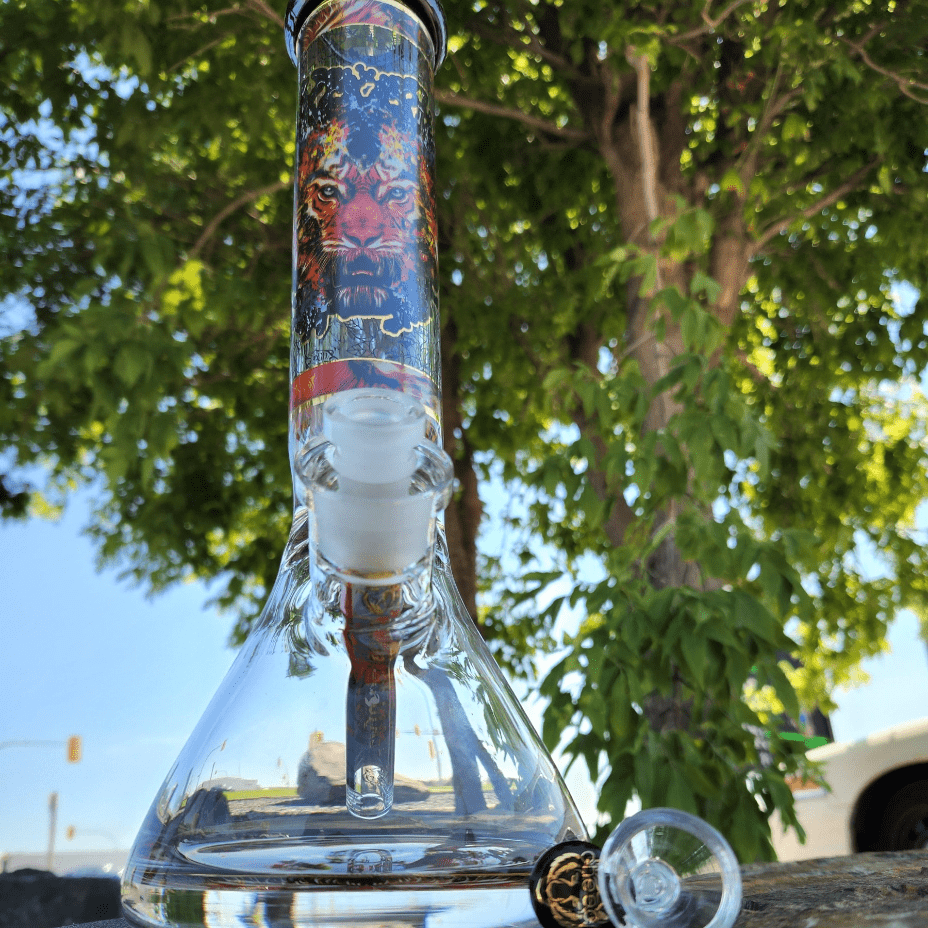 Cheech Glass w/ 12mm Base Tiger Decal Beaker 13" Steinbach Vape SuperStore and Bong Shop Manitoba Canada