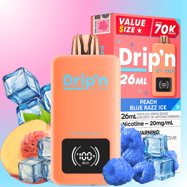 Drip'n by Envi 70K Disposable Vape - Peach Blue Razz Ice 26mL / 70000 Puffs / 20mg Manitoba Vape SuperStore and Bong Shop