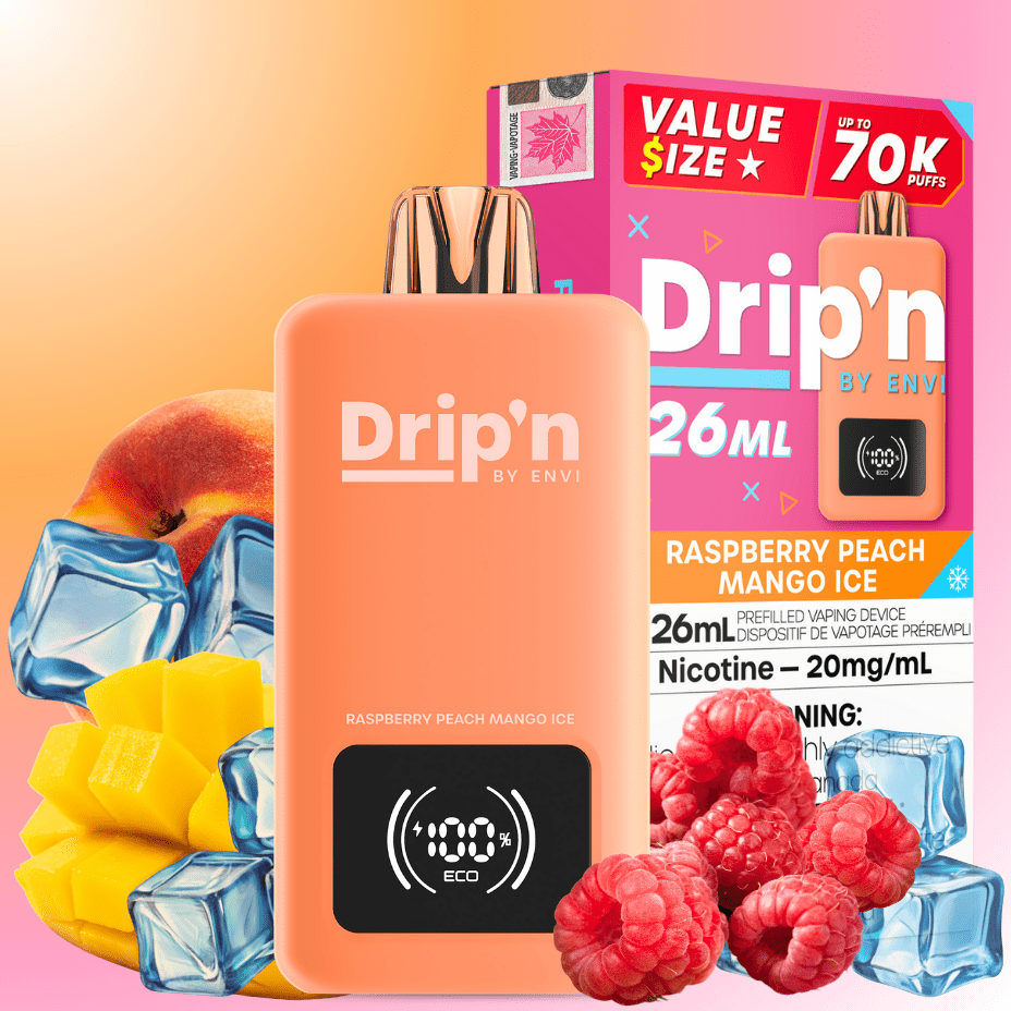 Drip'n by Envi 70K Disposable Vape - Raspberry Peach Mango Ice 26mL / 70000 Puffs / 20mg Steinbach Vape SuperStore and Bong Shop Manitoba Canada