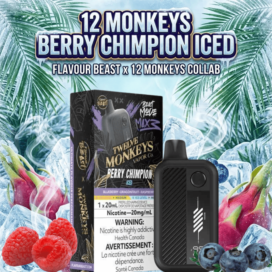 Flavour Beast Mode Max 3 60K Disposable Vape - 12 Monkey-Berry Chimpion Iced 60000 Puffs / 20mg Steinbach Vape SuperStore and Bong Shop Manitoba Canada