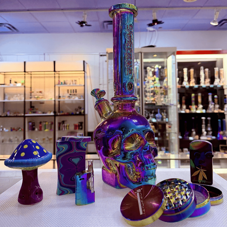 Fortune Glass 7mm Electroplated Skull Beaker-14" Iridescent Purple Steinbach Vape SuperStore and Bong Shop Manitoba Canada