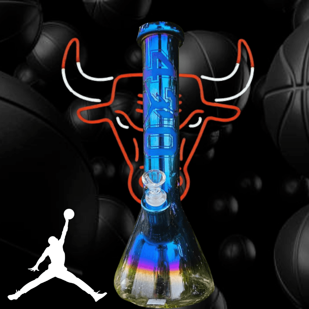 High Class Glass 7mm Engraved 420 Jumpman Beaker 14" Oil Slick Steinbach Vape SuperStore and Bong Shop Manitoba Canada