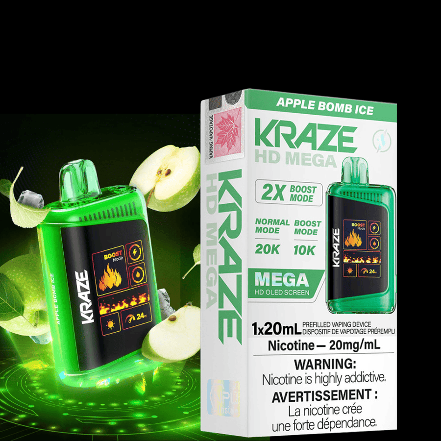 Kraze HD Mega 20k Disposable Vape - Apple Bomb Ice 20000 Puffs / 20mg Steinbach Vape SuperStore and Bong Shop Manitoba Canada