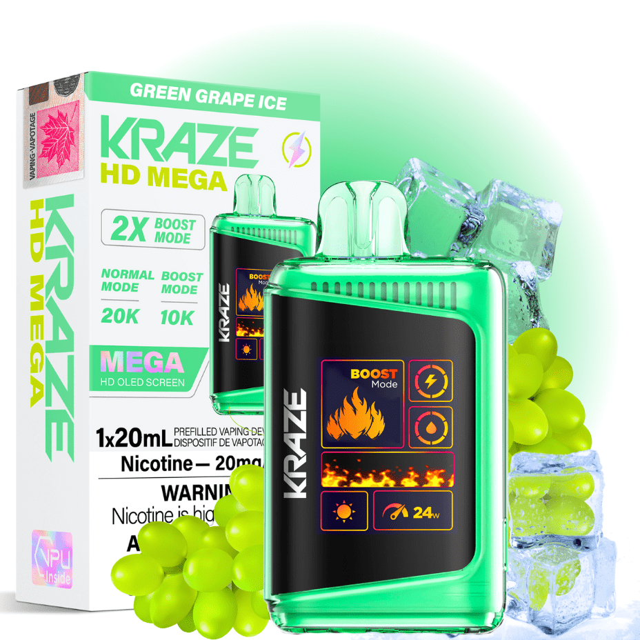 Kraze HD Mega 20k Disposable Vape - Green Grape Ice 20000 Puffs / 20mg Steinbach Vape SuperStore and Bong Shop Manitoba Canada