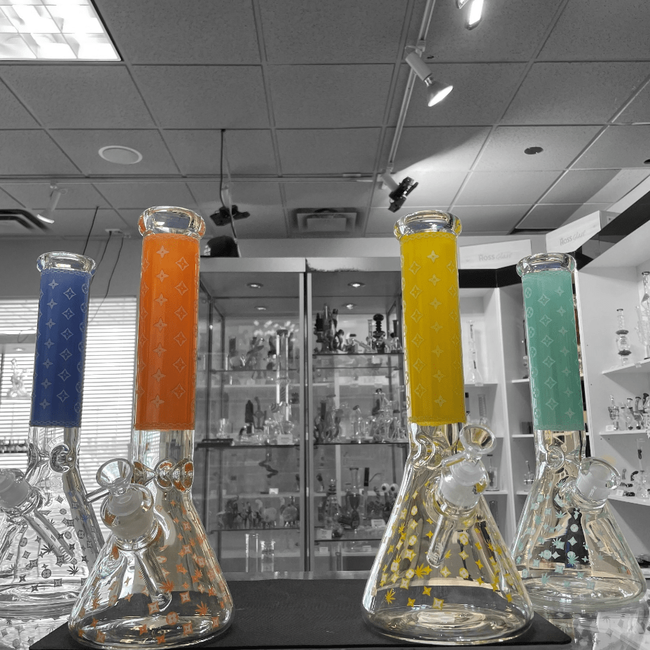 LV Pattern 7mm Beaker Bong-Glow In The Dark-14.5" 7mm / Orange Steinbach Vape SuperStore and Bong Shop Manitoba Canada