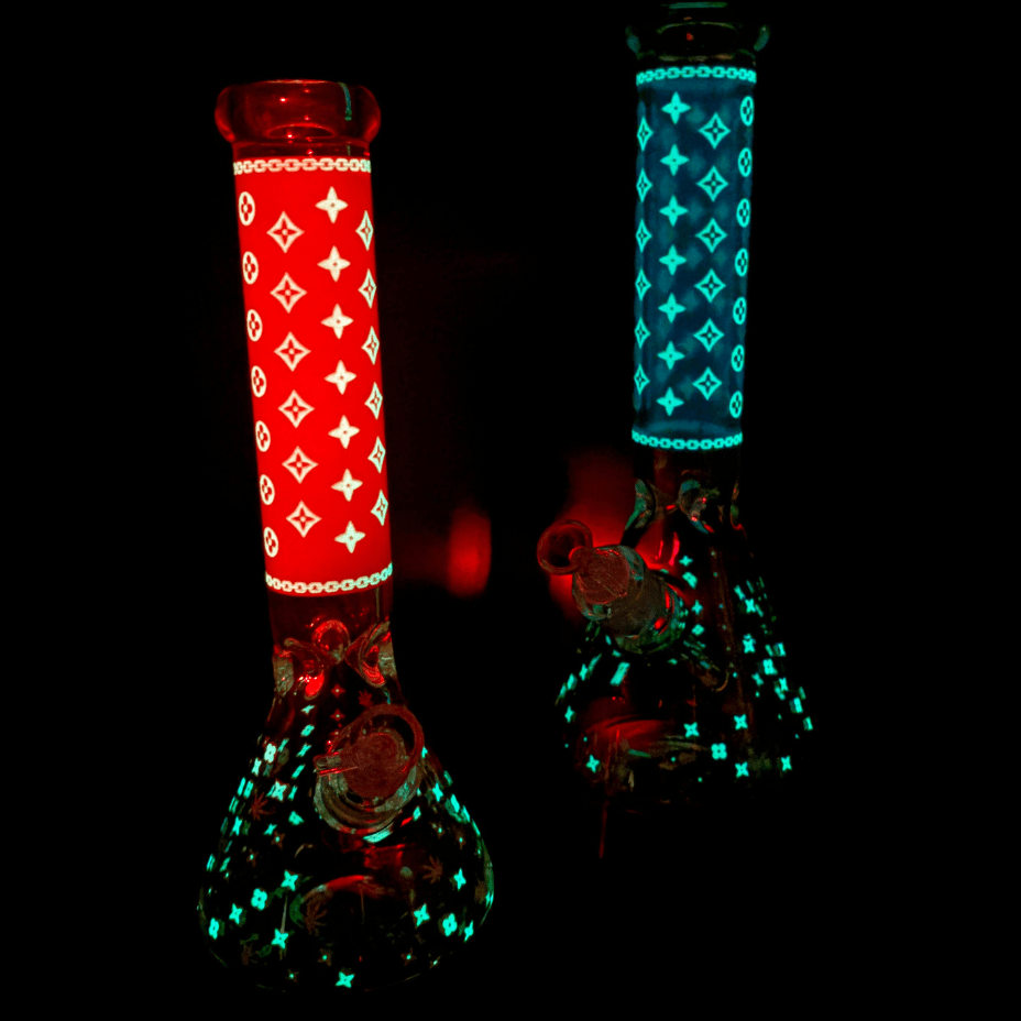 LV Pattern 7mm Beaker Bong-Glow In The Dark-14.5" Steinbach Vape SuperStore and Bong Shop Manitoba Canada