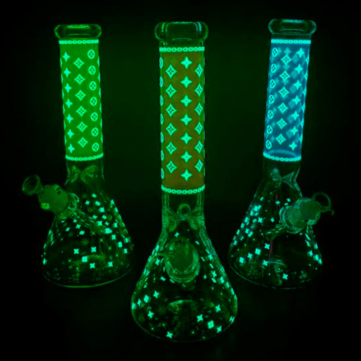 LV Pattern 7mm Beaker Bong-Glow In The Dark-14.5" Steinbach Vape SuperStore and Bong Shop Manitoba Canada