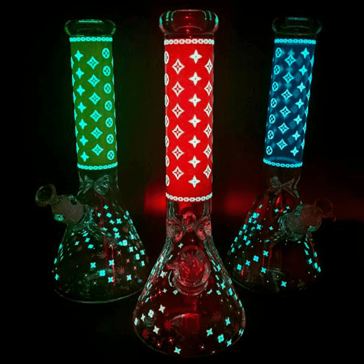 LV Pattern 7mm Beaker Bong-Glow In The Dark-14.5" Steinbach Vape SuperStore and Bong Shop Manitoba Canada