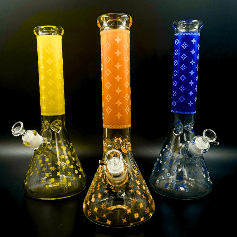 LV Pattern 7mm Beaker Bong-Glow In The Dark-14.5" Steinbach Vape SuperStore and Bong Shop Manitoba Canada