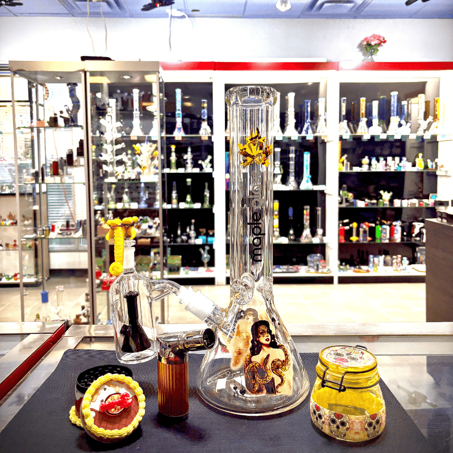 Maple Glass 9mm Snake Lady Beaker Bong 14" Yellow Steinbach Vape SuperStore and Bong Shop Manitoba Canada