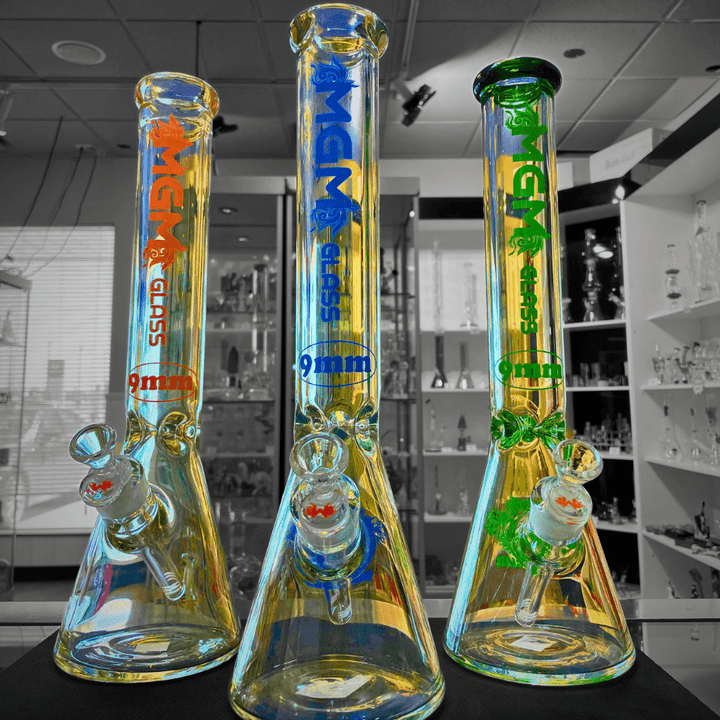 MGM Glass 9mm Classic Clear Logo Beaker-16" Green Steinbach Vape SuperStore and Bong Shop Manitoba Canada