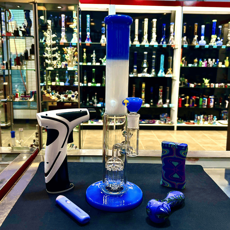 Plain Jane Glass 7mm Tree Perc Colour Blocked Straight Tube 14" Periwinkle Steinbach Vape SuperStore and Bong Shop Manitoba Canada