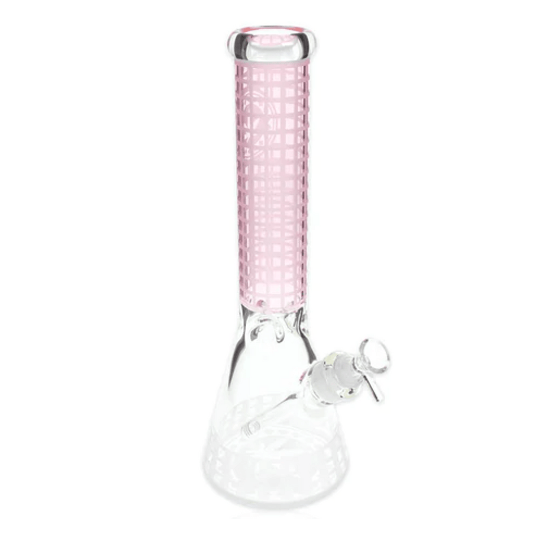 Plain Jane Glass Gridded Sandblasted Weed Leaf Beaker-14" 7mm / Pink Steinbach Vape SuperStore and Bong Shop Manitoba Canada