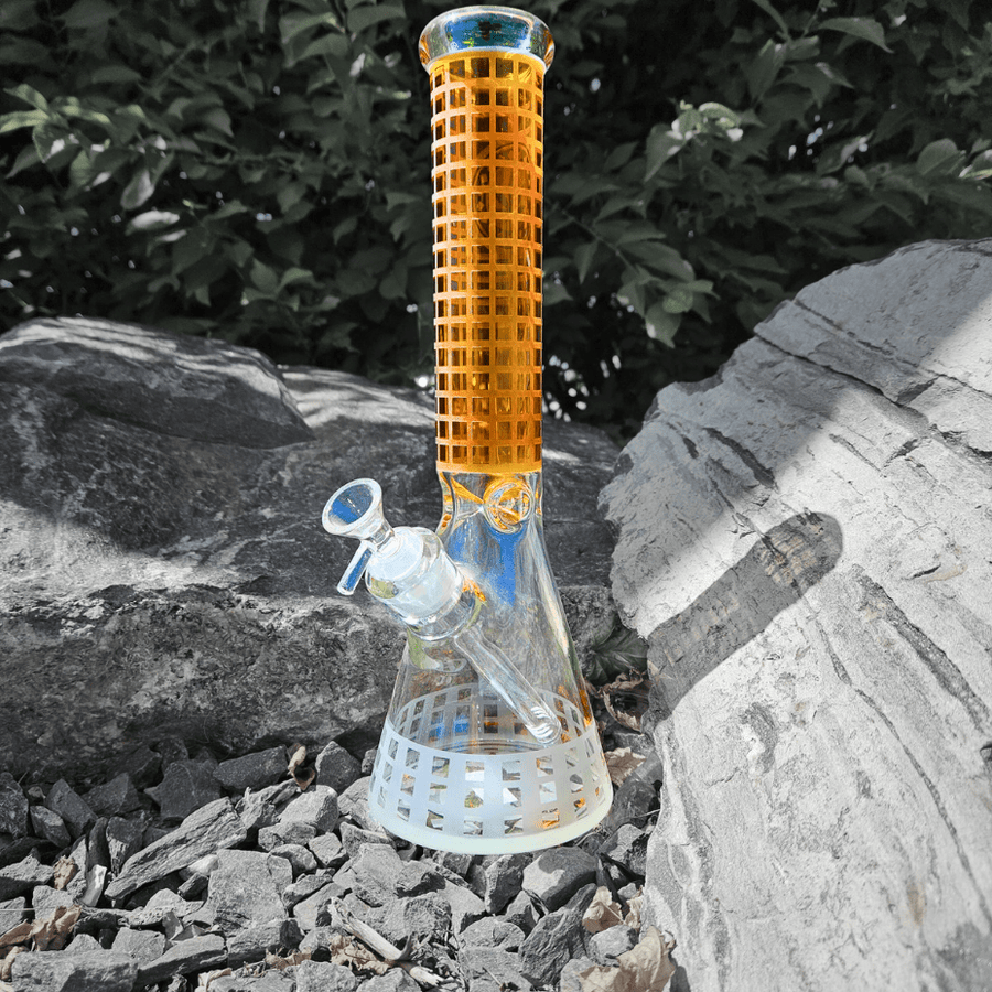 Plain Jane Glass Gridded Sandblasted Weed Leaf Beaker-14" Steinbach Vape SuperStore and Bong Shop Manitoba Canada