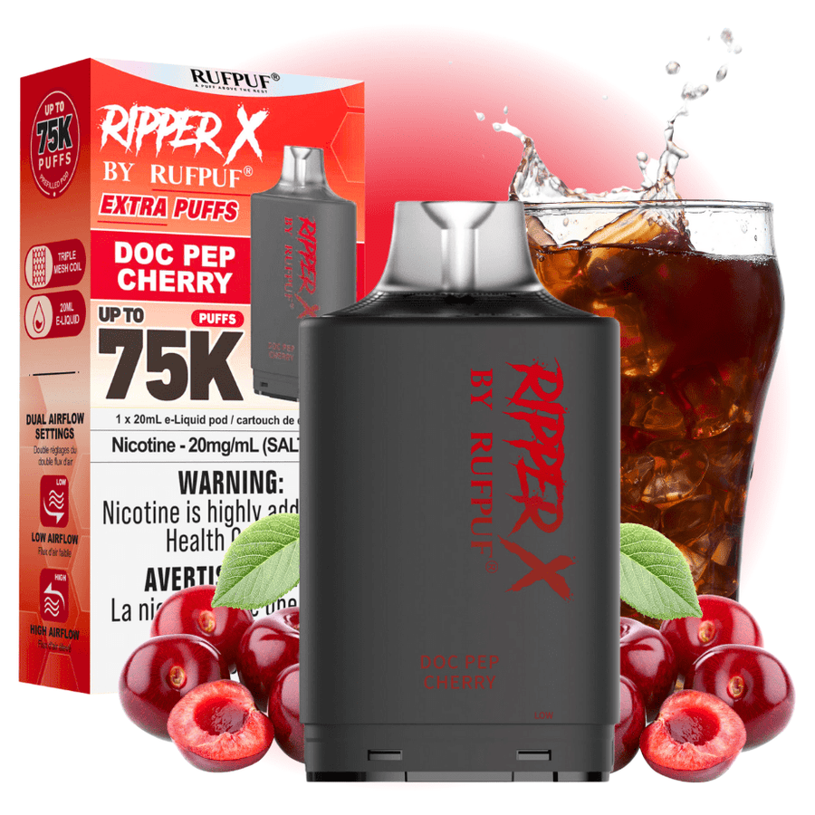 RufPuf Ripper X 75k Turbo Pod - Doc Pep Cherry 20mg / 75000 Puffs Steinbach Vape SuperStore and Bong Shop Manitoba Canada